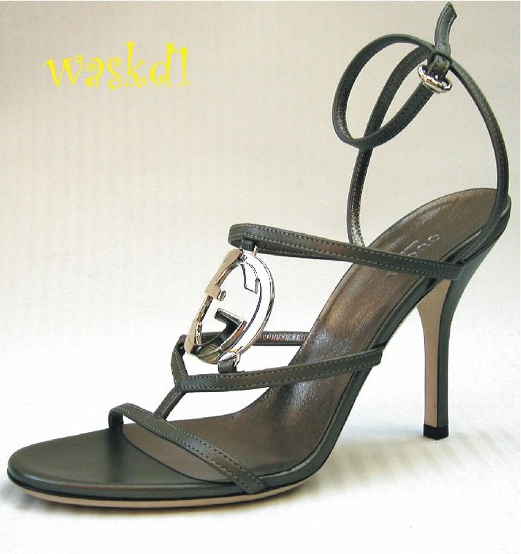 GUCCI pewter Leather CAGE gold Interlocking GG stiletto sandals NIB 