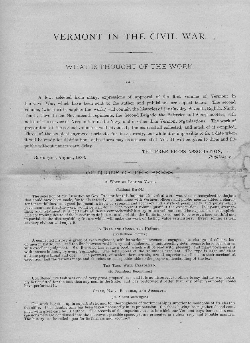   Vermont Civil War Press Releases Burlington Free Press 1886