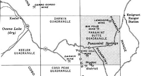 Map shows Panamint Butte quadrangles location in respect to Darwin 