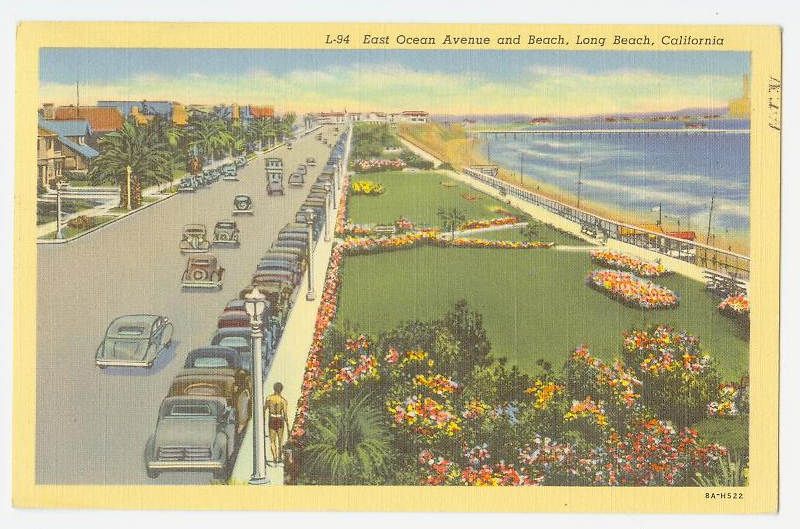 B0406 Autos East Ocean AV Long Beach CA Postcard 1938