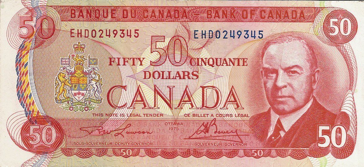 OLD CANADIAN MONEY RARE 1975 BANK OF CANADA 50 DOLLAR NOTE CHOICE 