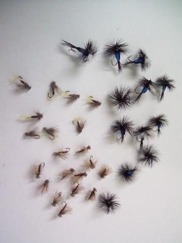 LOT OF 32 FLY FISHING CADDIS AND BLUE HUMPY FLIES SIZES 10 & 16 WITH 