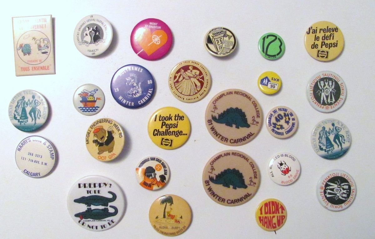 Lot of 25 Vintage BUTTON PINS Canadian English French Pepsi Schools 