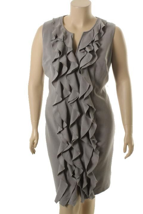 Calvin Klein Gray Ruffled Split Neck Lined Shift Wear to Work Dress 