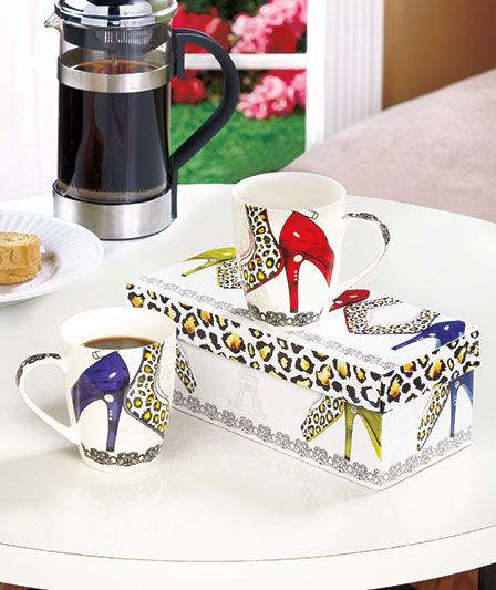 Shoe Lover Set/2 Chic Girly Mugs in a Hinged Colorful Gift Box