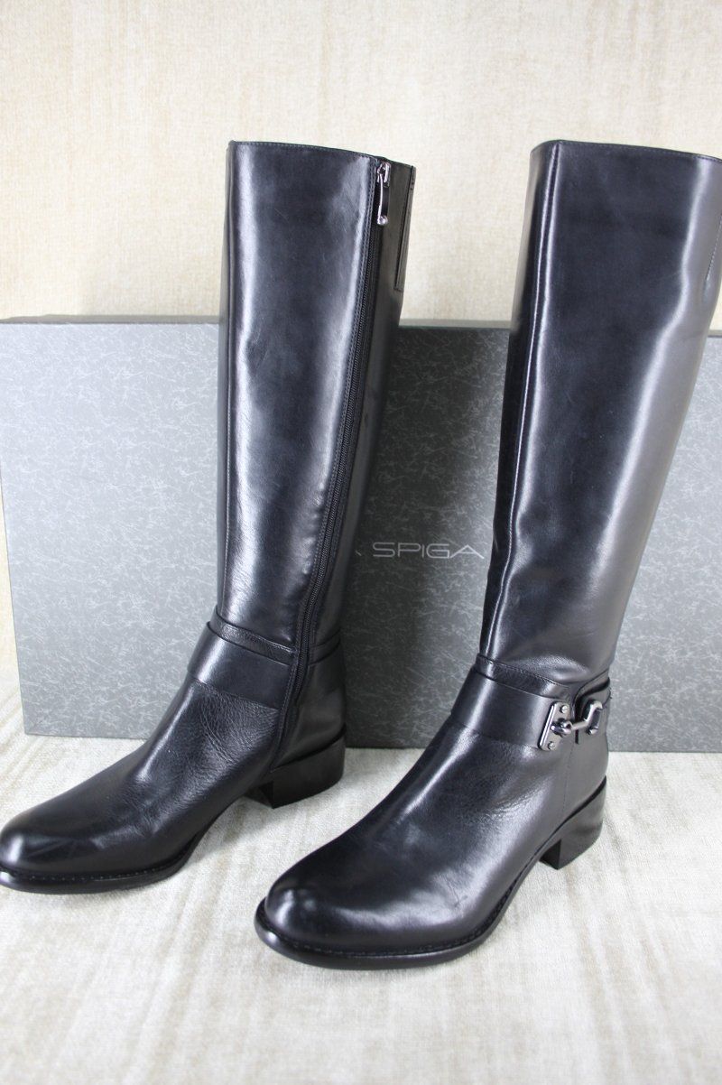 Via Spiga Carly Flat Riding Black Leather Boots Size 8 $398 Harness 