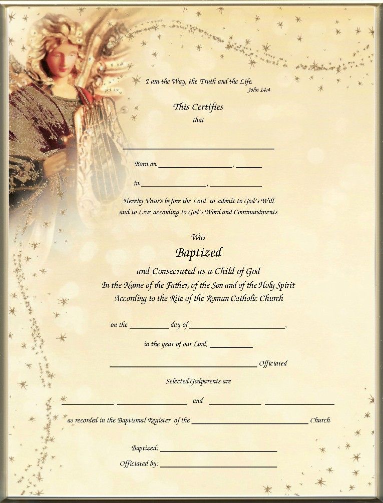 Adult Catholic Baptism Certificate Golden Angel Blank