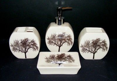   winter tree 4pc ceramic bath set soap dish pump tumbler toothbrush