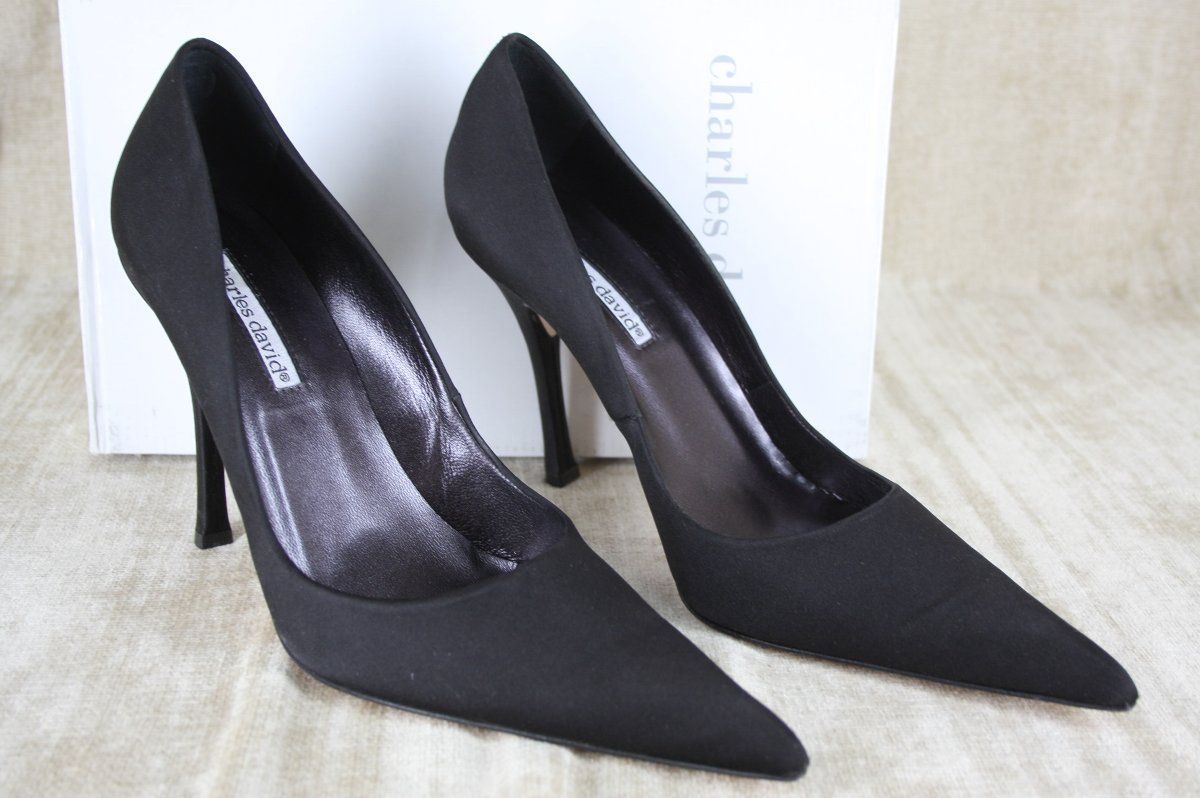 Charles David Leisure Black Satin Pointed Toe Pumps Heels Size 10 $230 