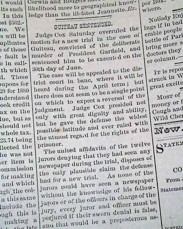 1882 Newspaper CHARLES J. GUITEAU Death Sentence James A. Garfield 