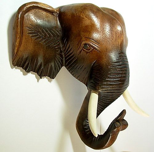 Thai Elephant Head Wood Carving Figurine Home Wall Decor