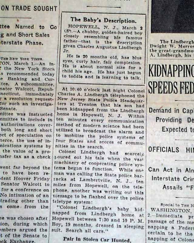 Great Charles Lindbergh Baby Kidnapping 1st Report Hopewell NJ 1932 NY 