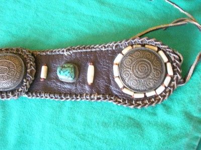 Antique Nepalese leather belt w/ Chesnee coat closers 14 beveled 