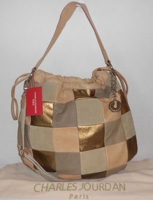 Charles Jourdan Paris Handbag Taupe Multi Leather Patchwork XL Kami 