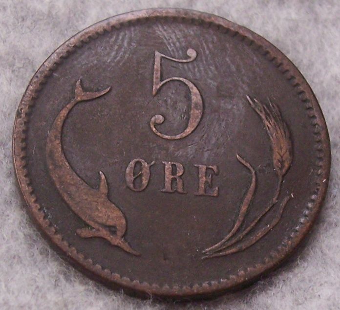 1875 Denmark 5 Ore King Christian IX Porpoise KM794 1