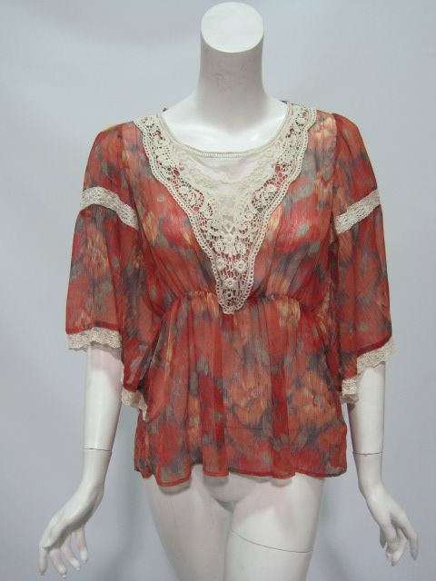 Free People Womens Daydreamer Red Combo Lace Chiffon Peasant Top $104