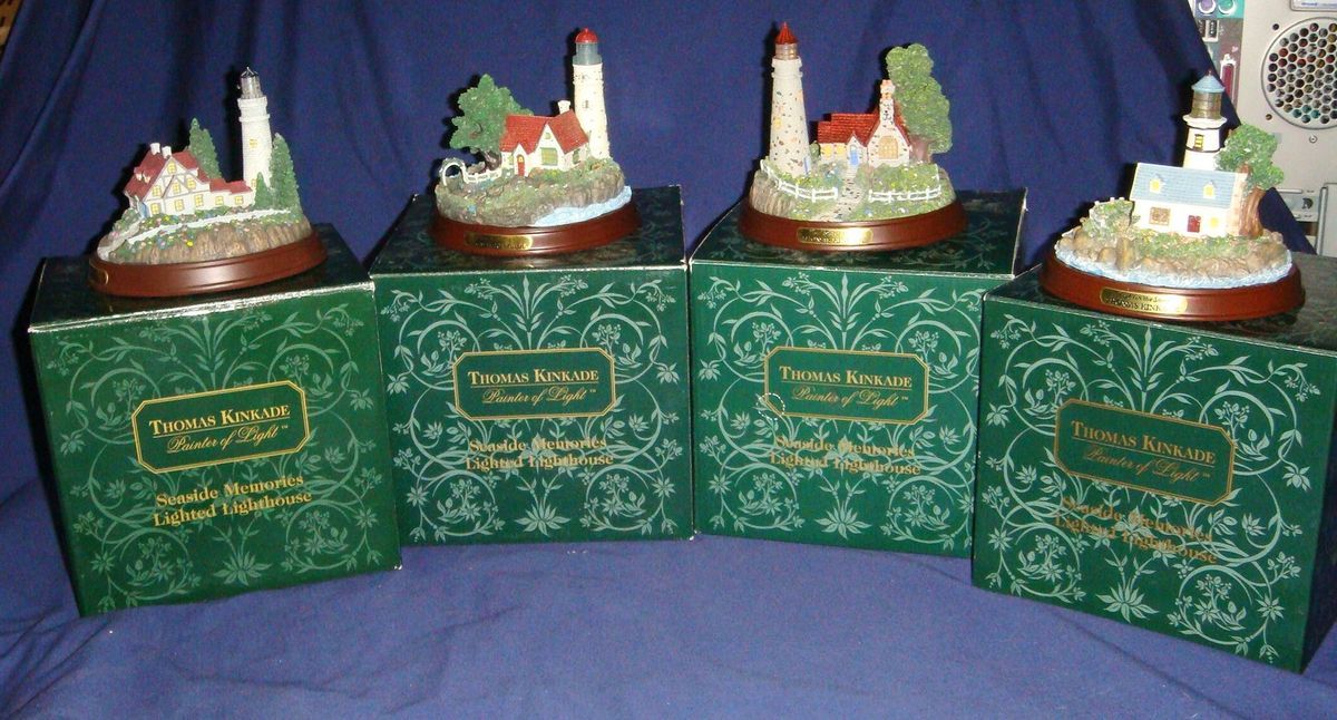 THOMAS KINKADE SEASIDE MEMORIES LIGHTED LIGHTHOUSES SET OF 4 MIB W COA