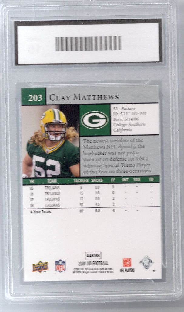  Green Bay Packers Graded Gem 10 Clay Mathews UD Star 203 RC