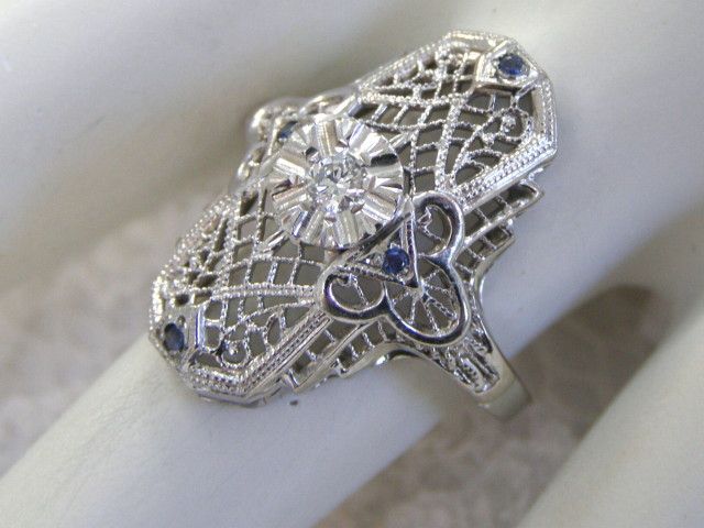  VINTAGE 14KT WG DIAMOND SAPPHIRE FILIGREE DECO DINNER COCKTAIL RING