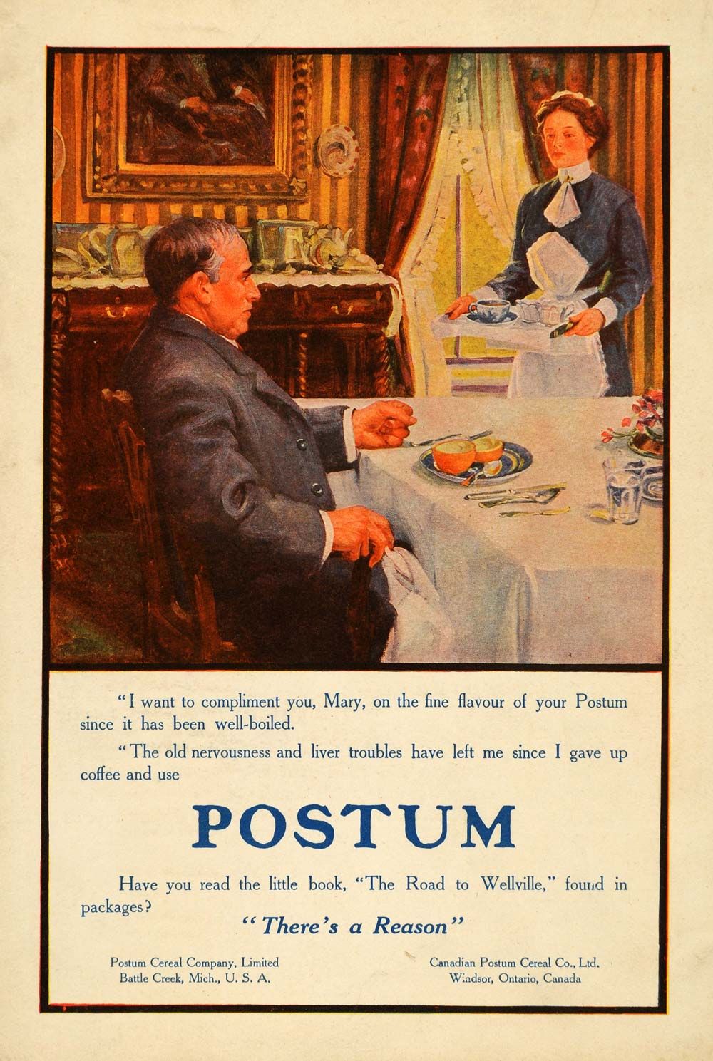 1911 Ad Postum Coffee Substitute Battle Creek Maid Mary   ORIGINAL