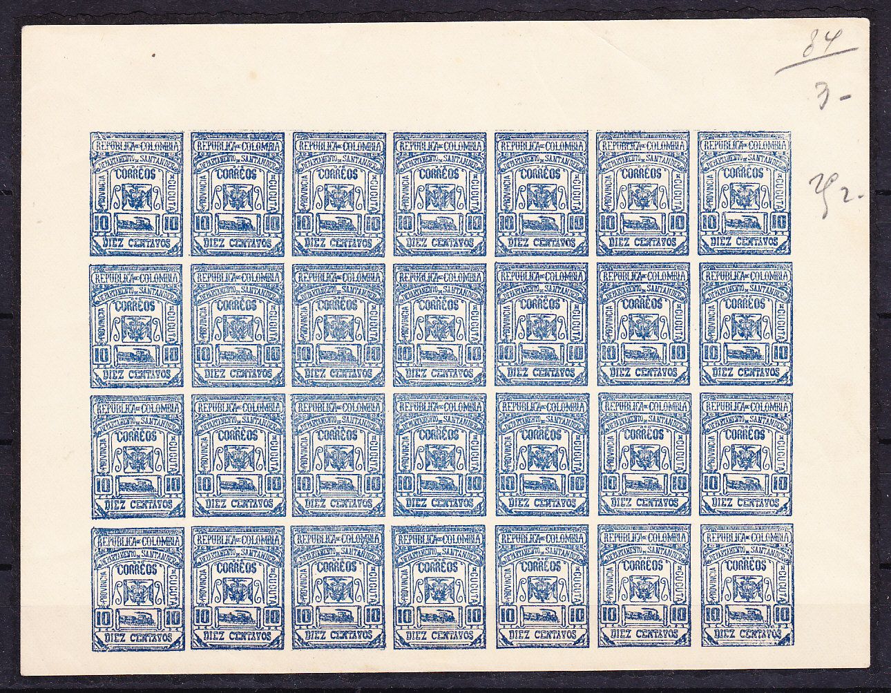 Colombia Santander City of Cucuta RARE Complete Sheet 10 Cent Unissued