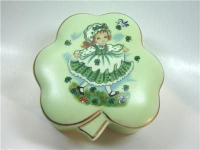 Irish Girl Ceramic Trinket Box 3 Leaf Clover Lefton