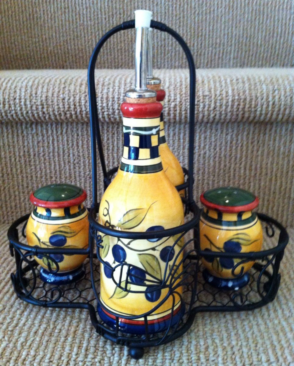 CONDIMENT CADDY WI SALT PEPPER OIL VINEGAR DISPENSERS ITALIAN OLIVE