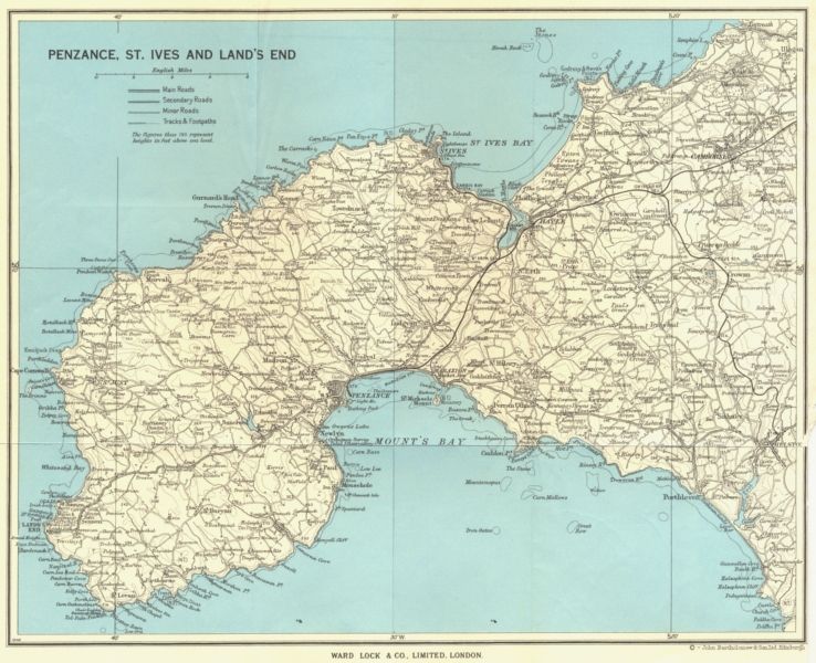 CORNWALL Penzance St Ives Lands end 1963 map