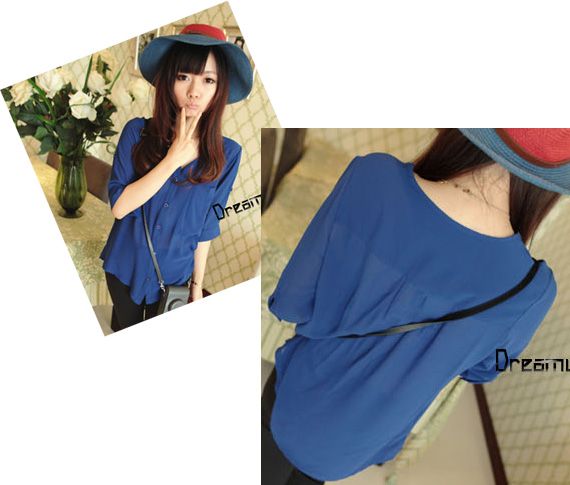 GA58 Blue Fresh Casual Wild Street Shooting BF Pcket Chiffon Polyester