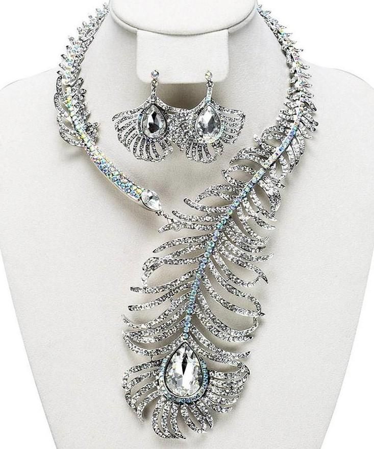 GLAMOROUS CRYSTAL PEACOCK FEATHER NECKLACE AND EARRING SET *NEW*