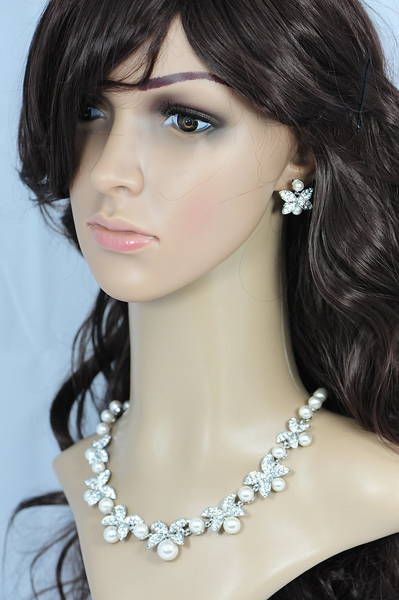 Wedding Bridal Crystal Necklace Earrings Set Silver Bridalmaid