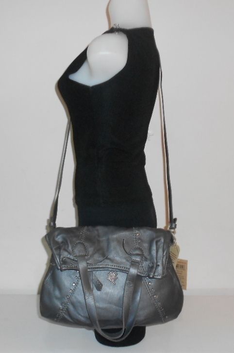  HANDBAG METALLIC GREY LEATHER SUNSET FOLDED TOTE CROSS BODY NWT $209