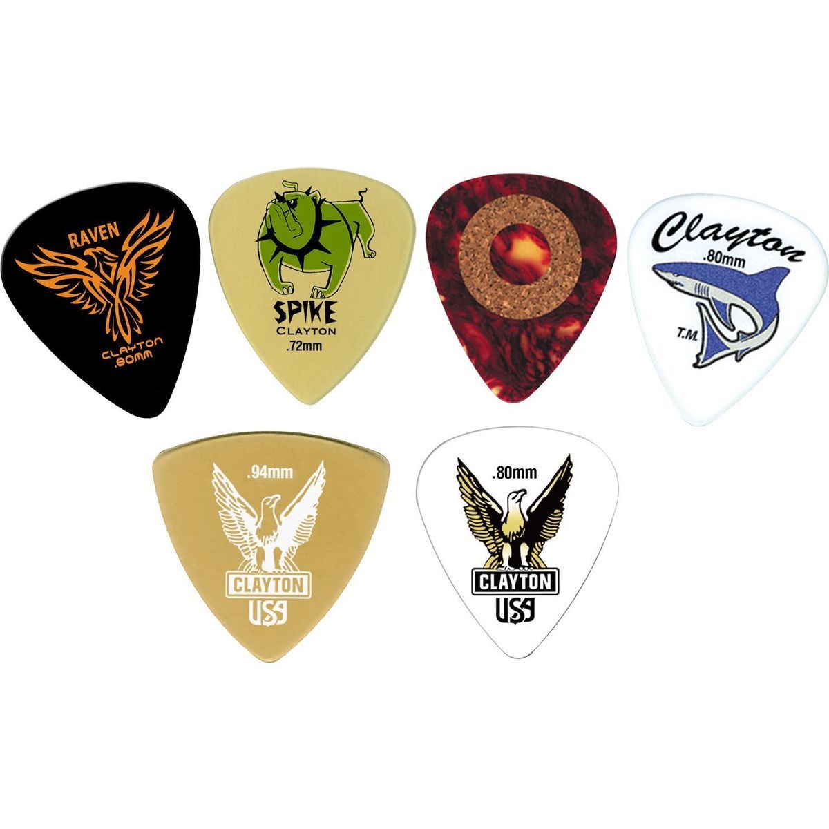 CLAYTON GUITAR PICK VARIETY PACK RAVEN SPIKE CORK SAND SHARK ULTEM