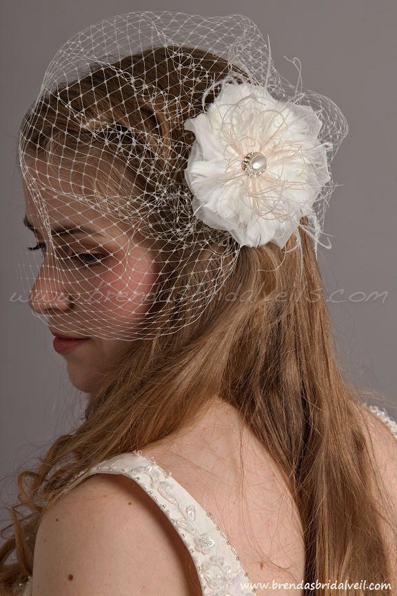 Ivory Birdcage Veil Feather Organza Oval Pearl Flower