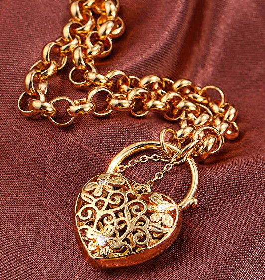 18k yellow gold filled CZ filigree heart padlock euro bolt Bracelet BL