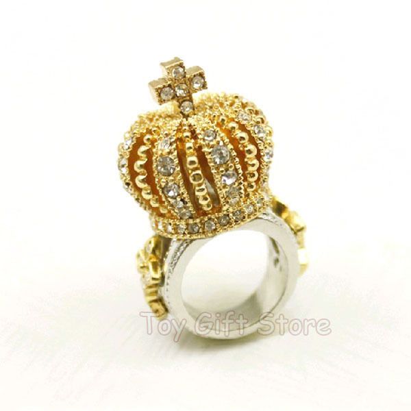 New 3D Royal Crown Cross King Queen Crystal Finger Ring