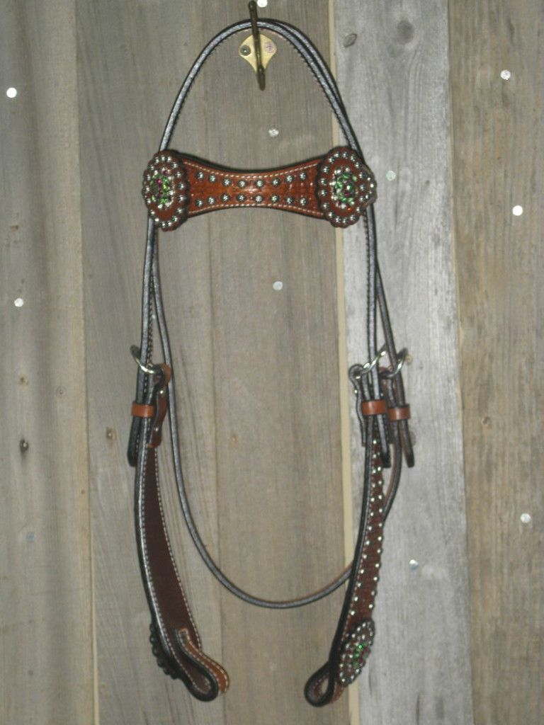 Headstall Handtooled Leather Rhinestone Crystals Concho