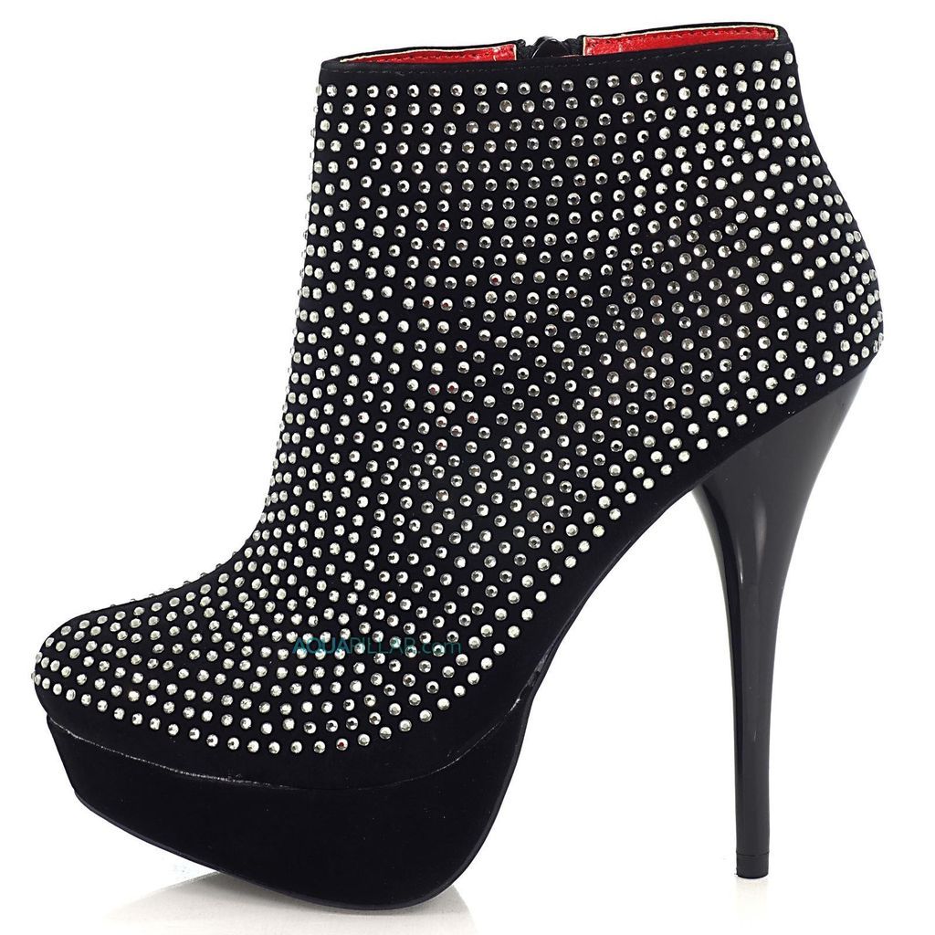 Dave54 Black Ankle High Heel Bootie Rhinestone Array Studs Women