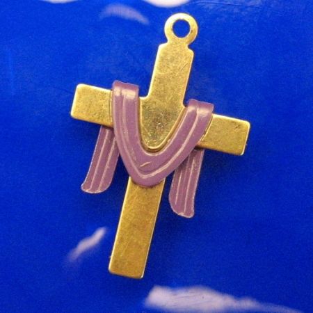 Vintage Religious Cross Charm Pendant Goldtone Purple Lent Sash