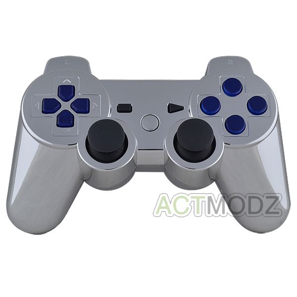 Chrome Silver Custom Housing Shell for PS3 Controller with Blue