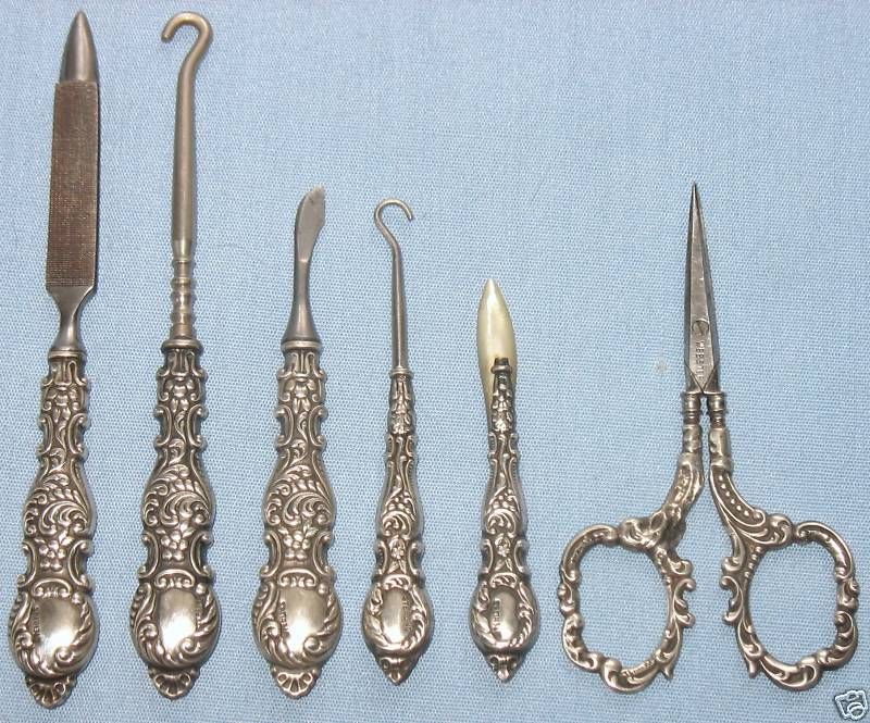 Antique Sterling File Scissors Button Hook Cuticle Set