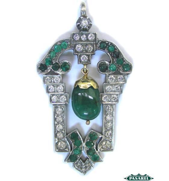 Art Deco 14k White Gold Diamond Emerald Pendant CA 1930