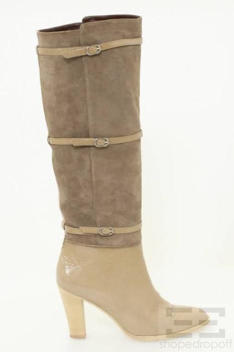 Delman Taupe Patent Leather Suede Buckle Knee High Boots Size 6 5