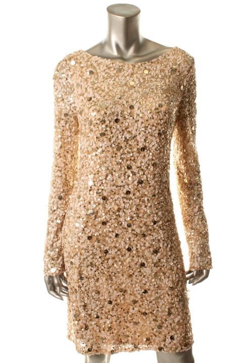 Designer New Beige Sequin Long Sleeve Cocktail Evening Dress BHFO