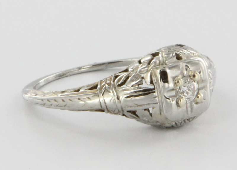 Antique Art Deco 18k White Gold Diamond Filigree Flower Engagement