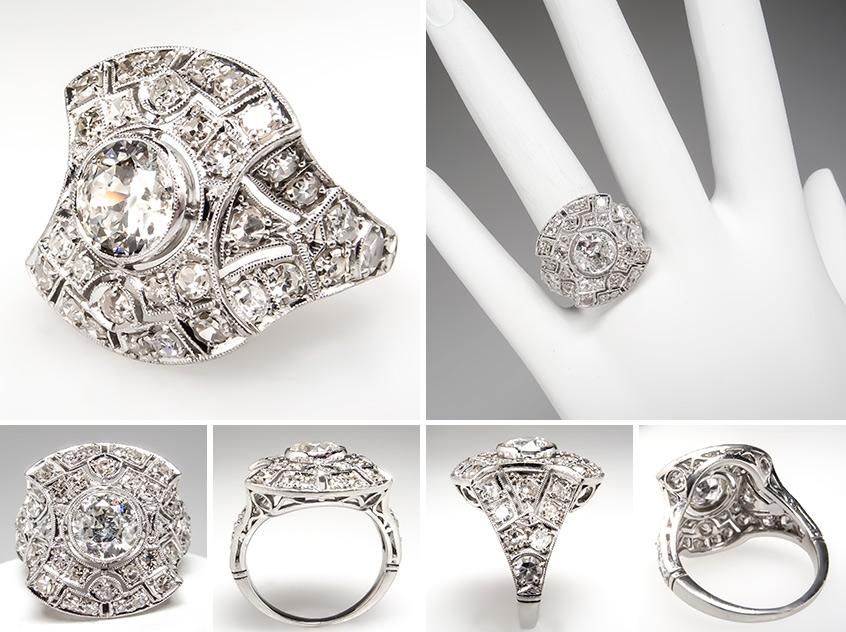 Antique Art Deco Diamond Cluster Ring Openwork Solid Platinum 1920s