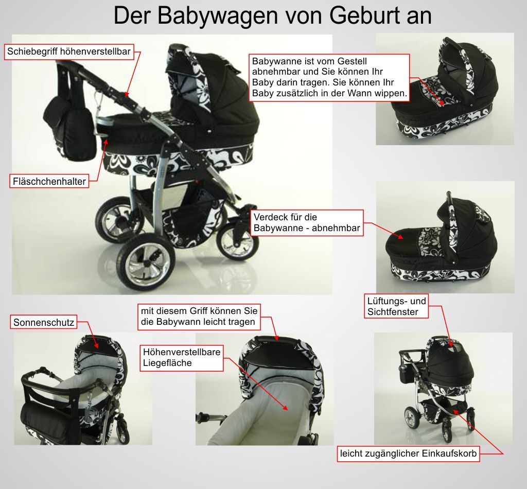 Dino * KOMBI KINDERWAGEN *SCHWENKRÄDER + BABYSCHALE * Ihr