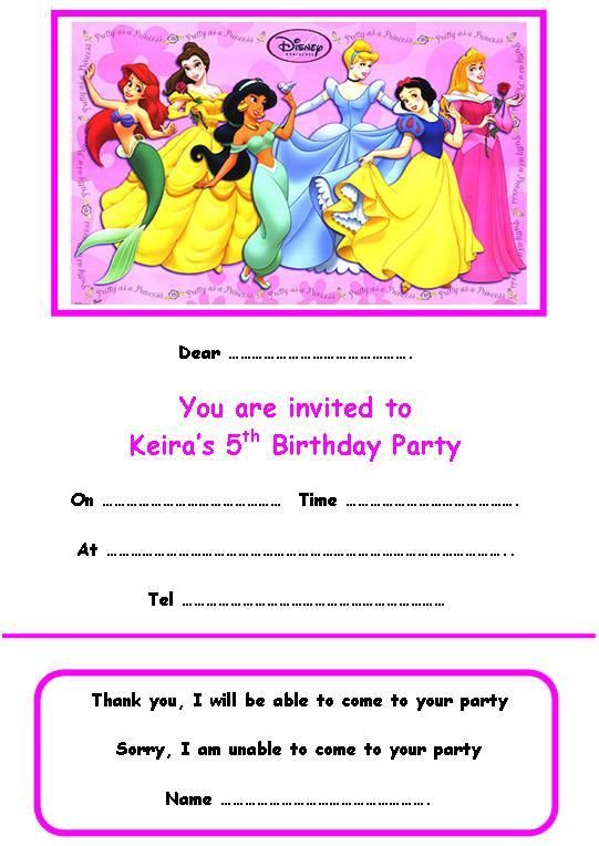 Personalised Disney PRINCESS1 Party Invitations x 10