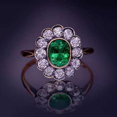 vintage emerald and diamond cluster ring, Russian, circa 1910