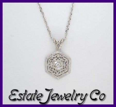 14KWG Round Diamond Solitaire Filigree Antique Pendant Link Necklace